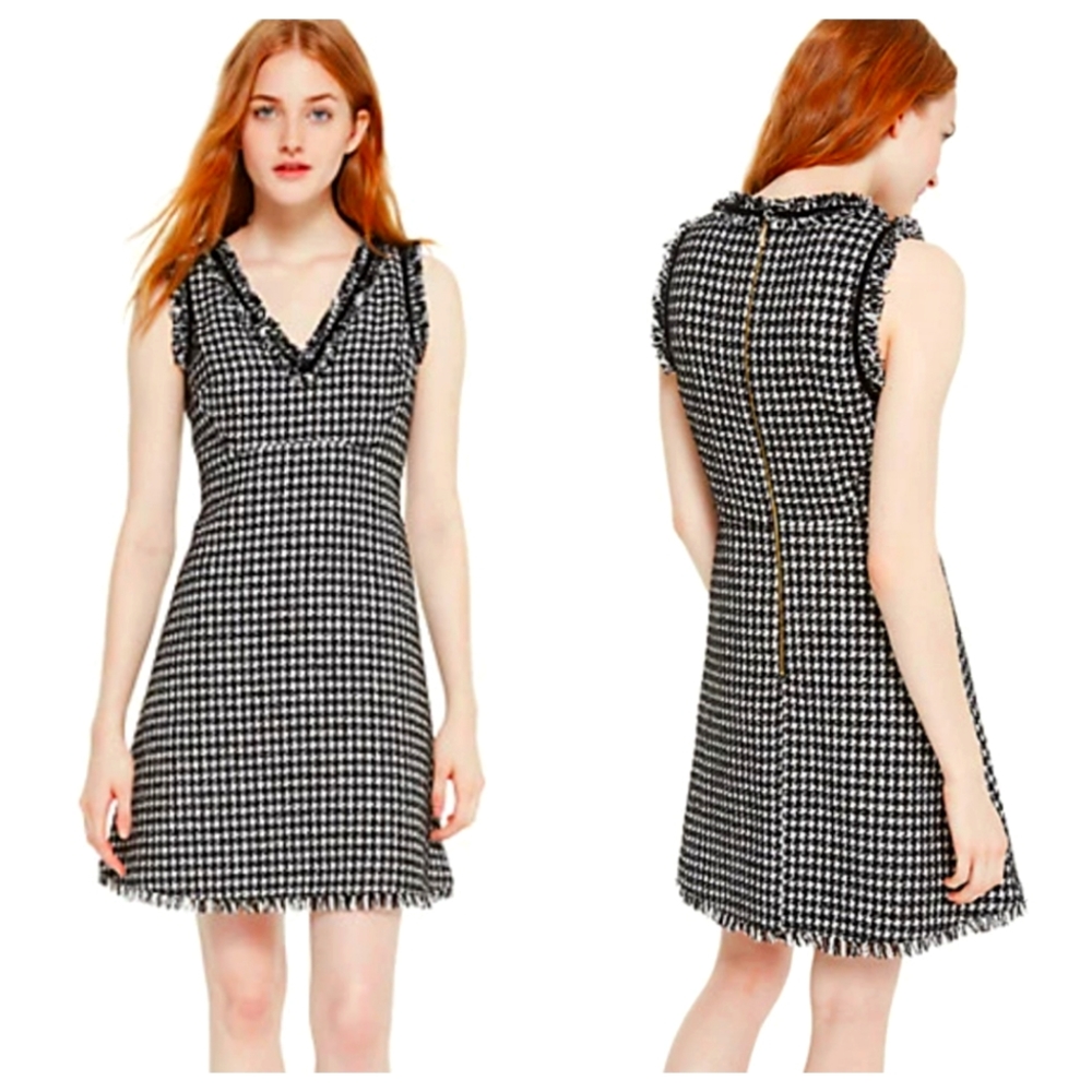 Kate Spade Houndstooth Tweed Gingham Fringe Shift Dress Black White Size 6